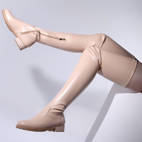 Women's Khaki Polyurethane Thigh High Over The Knee Rounded Toe Fashion Boots - Picture 6 of 7